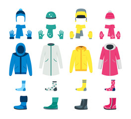 Cartoon Color Winter Clothes Icon Set. Vector