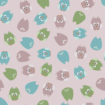 Seamless cute cartoon owls birds pattern background.