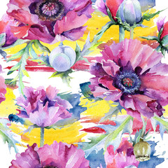 Wildflower poppy flower pattern in a watercolor style. Full name of the plant: poppy, papaver, opium. Aquarelle wild flower for background, texture, wrapper pattern, frame or border.