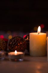 Decoration for Christmas and New Year. Xmas day. Candles and shining decorations. 