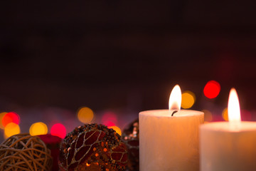 Decoration for Christmas and New Year. Xmas day. Candles and shining decorations. 