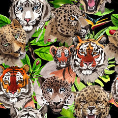 Naklejka premium Exotic tiger wild animal pattern in a watercolor style. Full name of the animal: tiger. Aquarelle wild animal for background, texture, wrapper pattern or tattoo.