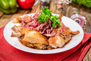 beautiful and tasty food on a plate. Fried rabbit