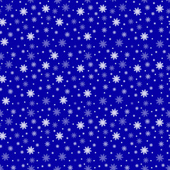 Winter seamless background with flat white snowflakes on a blue 