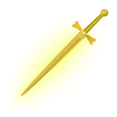 Realistic medieval sword. Yellow sword glowing with yellow radiance