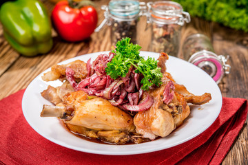 beautiful and tasty food on a plate. Fried rabbit