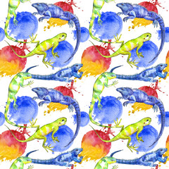 Exotic iguana pattern in a watercolor style. Full name of the reptilian: iguana. Aquarelle exotic reptilian for background, texture, wrapper pattern or tattoo.