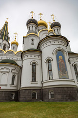 KNYAZHYE LAKE, RUSSIA - NOVEMBER 11, 2017: The facade of the Temple of Saint Prince Alexander Nevsky
