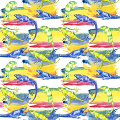 Exotic iguana pattern in a watercolor style. Full name of the reptilian: iguana. Aquarelle exotic reptilian for background, texture, wrapper pattern or tattoo.