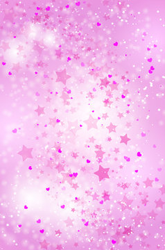Abstract romantic pink background with flying stars and hearts
