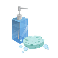 Trendy cartoon style liquid soap transparent blue bottle with dispenser and bubbles. Blue sponge. Every day hygiene and health care vector illustration.