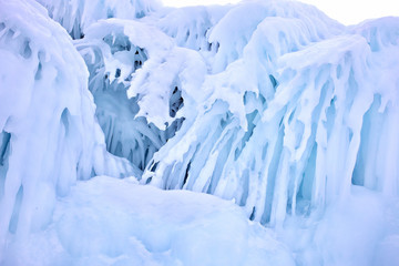 Fototapeta na wymiar Hanging Icicle on Olkhon island in frozen Baikal lake in Siberia,Russia during winter time