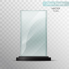 Glass plate. Glass Trophy Award. Vector illustration isolated on transparent background. Realistic 3D design. Realistic vector transparent object 10 eps.