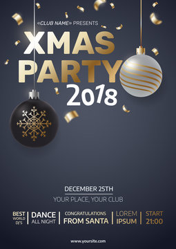 Modern Christmas Illustration With Black And Silver Christmas Balls And Confetti. A4 Xmas Party Invitation. Place For Your Text. Vector Eps 10