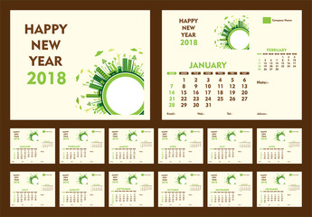 creative new year calendar 2018 template design using go green or eco friendly city concept