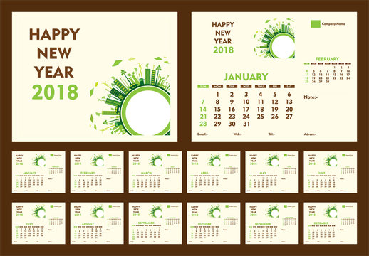 creative new year calendar 2018 template design using go green or eco friendly city concept - Powered by Adobe