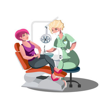 Dentist and woman in dentist chair.