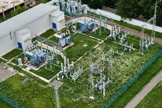 Electrical Substation On Green Grass.  Aerial View