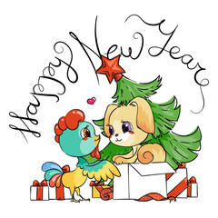 Funny cartoon card with dog and rooster. Symbols of 2017 and 2018. Happy New Year illustration