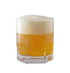 Beer with foam in glass on white background.