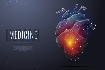 Vector isolated heart with pain center. Low poly wireframe and points. Polygonal 3D white human organ on dark background. Medicine concept with geometry triangle. Abstract heart pain mash line origami