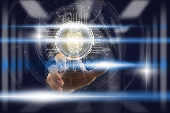 Businessman Fingerprint scan for support security access with biometrics identificationover the light from blurred server room background,Cyber Security Protection support Technology Privacy concept