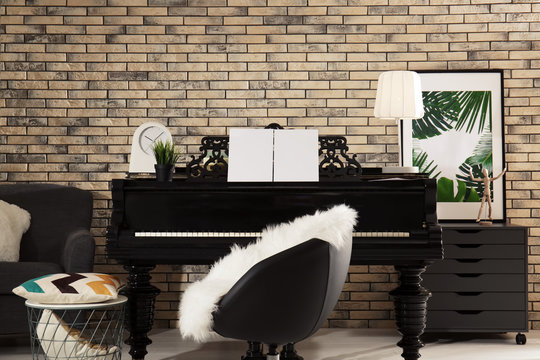 Grand piano in cozy home interior