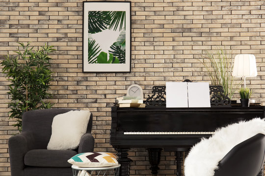 Grand piano in cozy home interior