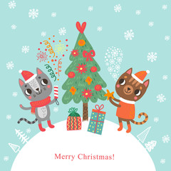 Christmas card. Christmas tree and cats