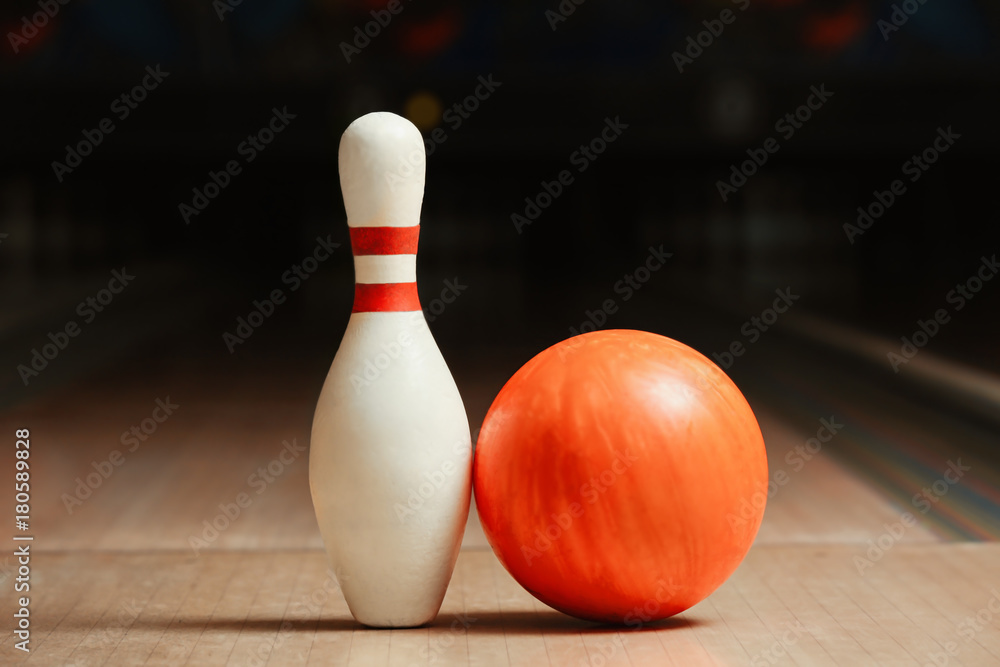 Poster Pin and ball on floor in bowling club