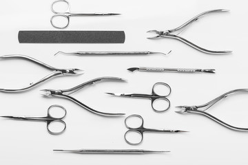 professional manicure tools on a white background.