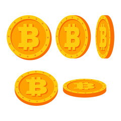 Bitcoin Gold Coins Vector Set. Flat, Cartoon. Flip Different Angles. Digital Currency Money. Investment Concept Illustration. Cryptography Finance Coin, Sign. Fintech Blockchain. Currency Isolated