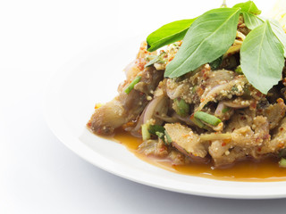 Hot and Spicy Grilled Pork Salad, Nam Tok Moo, closeup