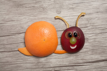 Snail made with orange and peach on wooden background
