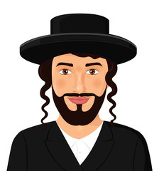 Orthodox jewish man portrait with hat in a black suit jerusalem israel avatar style vector Illustration isolated on white background.