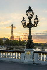 Fototapeta na wymiar One of the Art Nouveau style street lights of the Alexander III bridge in Paris with the Eiffel Tower in the background at sunset.
