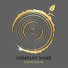 Golden cross-section of the trunk with tree rings. Wood icon. Rings of tree growth. flat icon. Vector illustration. Logo.