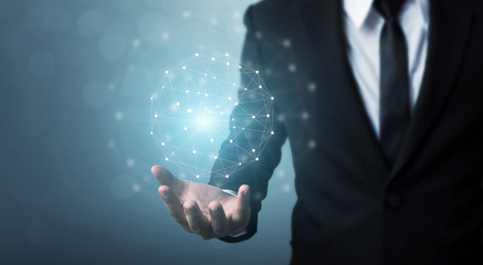 Computer network and internet connection concept, Businessman hand holding network sphere