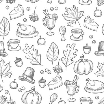 Thanksgiving season hand drawn doodle repeated pattern on white background, sketch vector illustration.