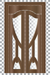 Double wooden swing doors with a glass insert on a transparent background. doors with complex decorative panels