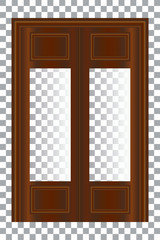 Double wooden swing doors with a glass insert on a transparent background. doors with decorative panels