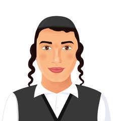Jewish young man face portrait with hat in a black suit jerusalem israel vector Illustration isolated on white background.