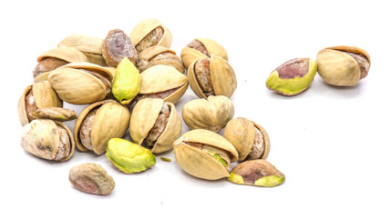 Pistachio nuts isolated on white background.