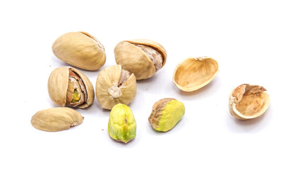 Group of pistachio nuts isolated on white background.