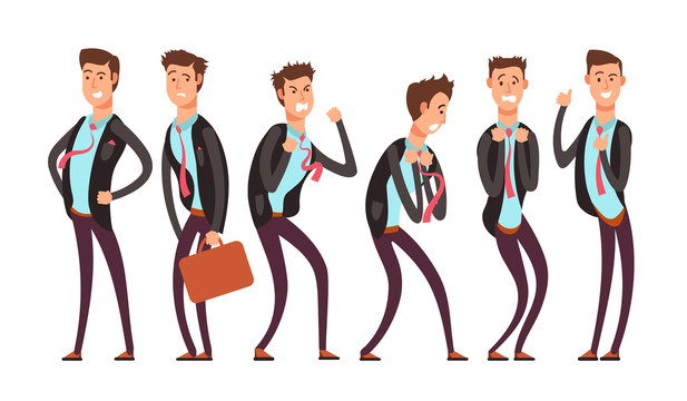 Businessman in different emotional states fear, anger, joy, annoyance, depression, contentment. Vector cartoon charecters set