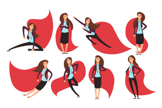 Cartoon businesswoman superhero in red cloak. Different actions and poses vector superheros character set