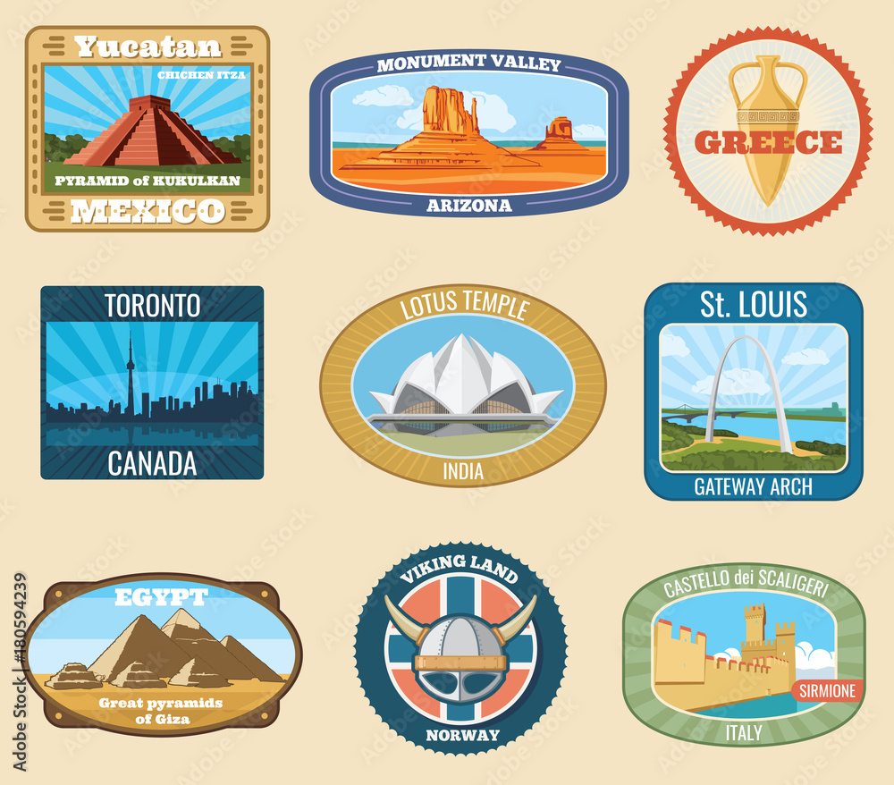 Sticker World famous international landmarks vector vintage travel stickers