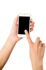 Smartphone in hand on white background.