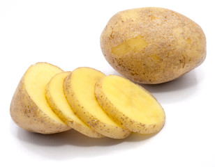 One whole, sliced potato and a half isolated on white background.