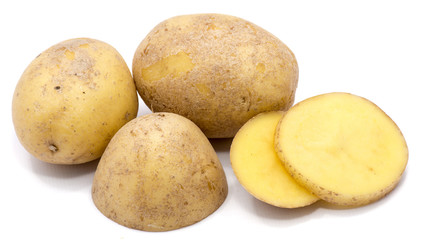 Whole potatoes, half and slices isolated on white background.